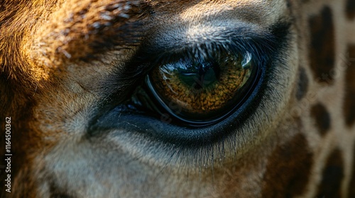 Giraffe's eye is shown in detail, with the iris being the most prominent feature. The eye is surrounded by a brownish-orange fur, giving it a warm and inviting appearance photo