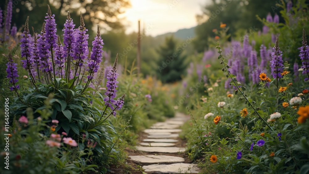 Fototapeta premium Serene Garden Path with Vibrant Purple Blooms and Wildflowers, Lush Green Foliage, Dappled Sunlight, Weathered Stone Pathway