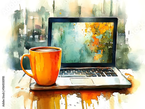 Orange Mug Coffee Laptop Artistic Watercolor Painting