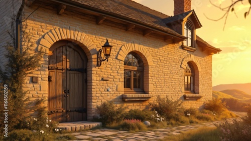 Rustic Stone House at Sunset, Charming Countryside Cottage with Arch Windows and Wooden Door