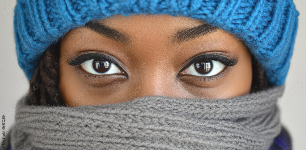A woman with striking eyes is wrapped in a grey scarf and wearing a cozy blue and grey hat. She appears to embrace the winter chill and radiates warmth. A woman with striking eyes is wrapped in a grey scarf and wearing a cozy blue and grey hat. She appears to embrace the winter chill and radiates warmth.