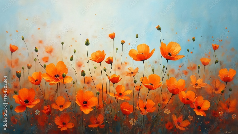 Obraz premium Vibrant Orange Poppy Field, Abstract Impressionistic Floral Art Print
