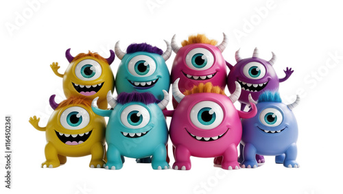 Colorful cartoon monsters group photo fun environment creative toy display cheerful vibe photo