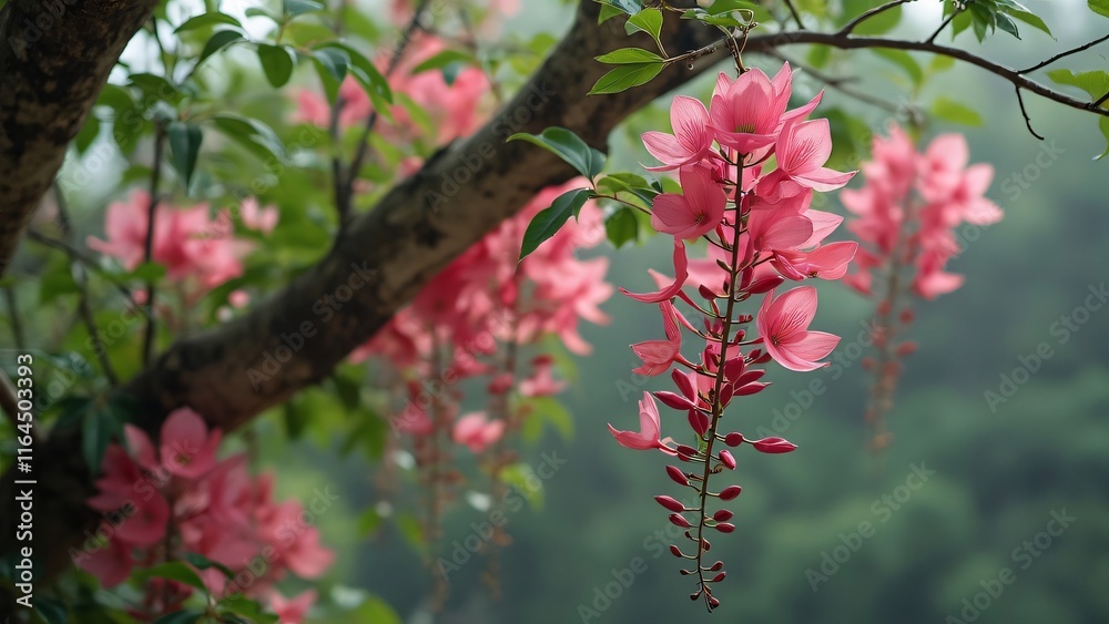 Vibrant Pink Flowers Cascading Down Rustic Wooden Tree Branch in Misty Morning - Delicate Silk-Like Petals, Lush Green Foliage, Soft Focus Background Vibrant Pink Flowers Cascading Down Rustic Wooden Tree Branch in Misty Morning - Delicate Silk-Like Petals, Lush Green Foliage, Soft Focus Background