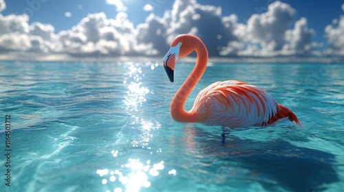 Pink flamingo wading in turquoise ocean water under a sunny sky. photo