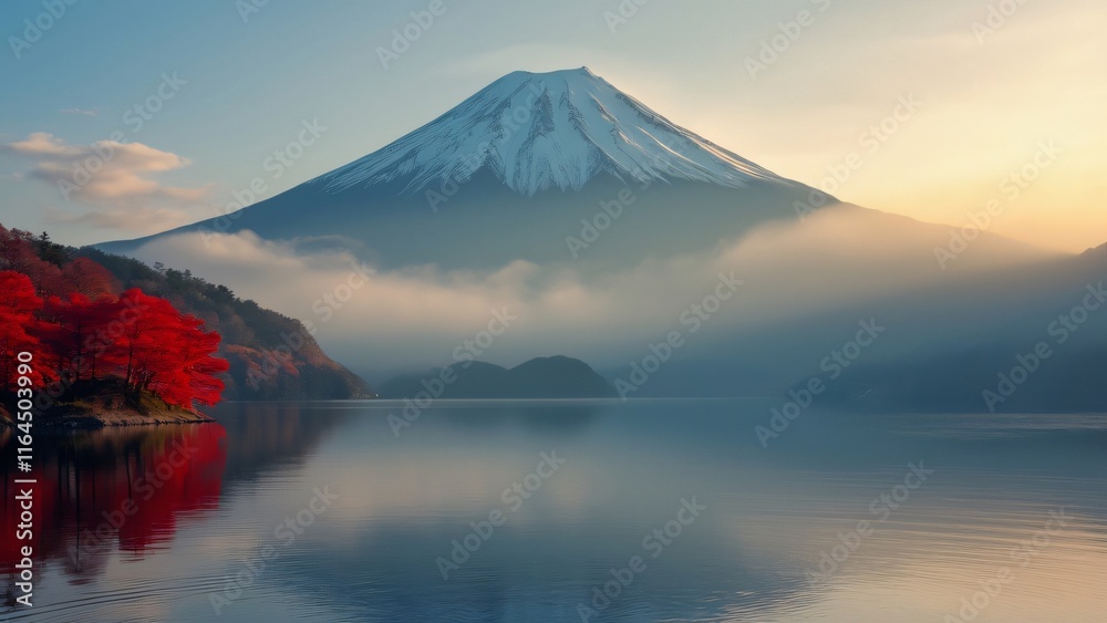 Fototapeta premium Majestic Mount Fuji Autumn Sunrise, Serene Lake Kawaguchiko, Foggy Landscape, Red Maple Trees, Mirror Reflection