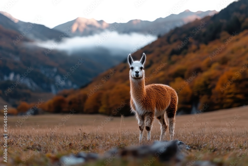 Fototapeta premium A beautiful llama stands gracefully in a scenic mountain landscape with vibrant autumn colors, showcasing nature's beauty and the serene atmosphere of this environment.