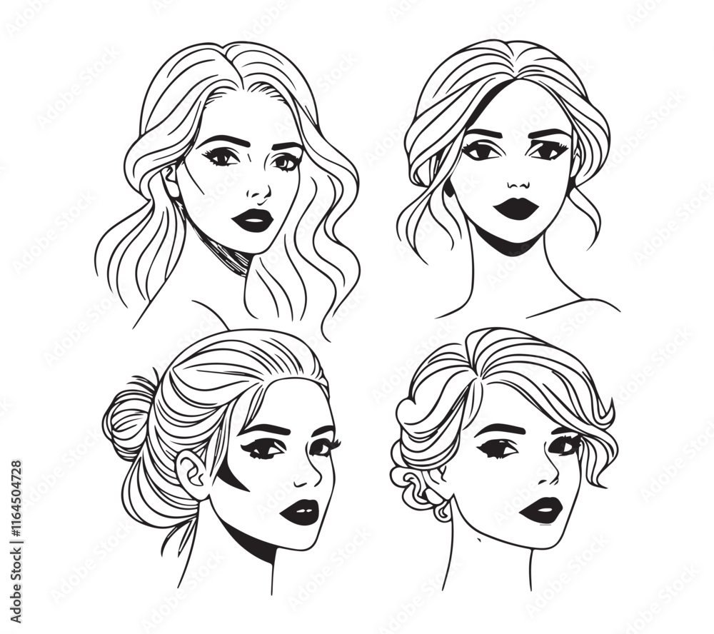 Set of stylized woman faces. Modern single line art. Woman beauty fashion concept Set of stylized woman faces. Modern single line art. Woman beauty fashion concept