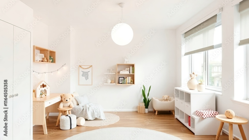 Fototapeta premium A light-colored, Scandinavian-style children's room with a modern minimalist design serves as the background in this stock photo.