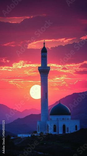 A Peaceful Mosque Silhouette Against A Vibrant Sunset, Designed As Ramadan Smartphone Wallpaper photo