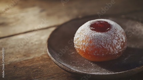 A Single Sufganiyot Donut Topped With Jelly photo