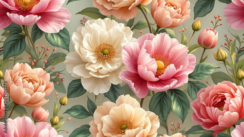 Seamless Vintage Floral Pattern, Pastel Peonies, Roses, Tulips, Lush Green Foliage, Golden Light
