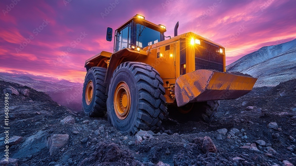 Powerful yellow bulldozer working at sunset in a quarry. Powerful yellow bulldozer working at sunset in a quarry.