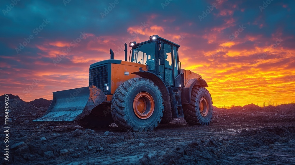 Fototapeta premium Powerful tractor at sunset on construction site.