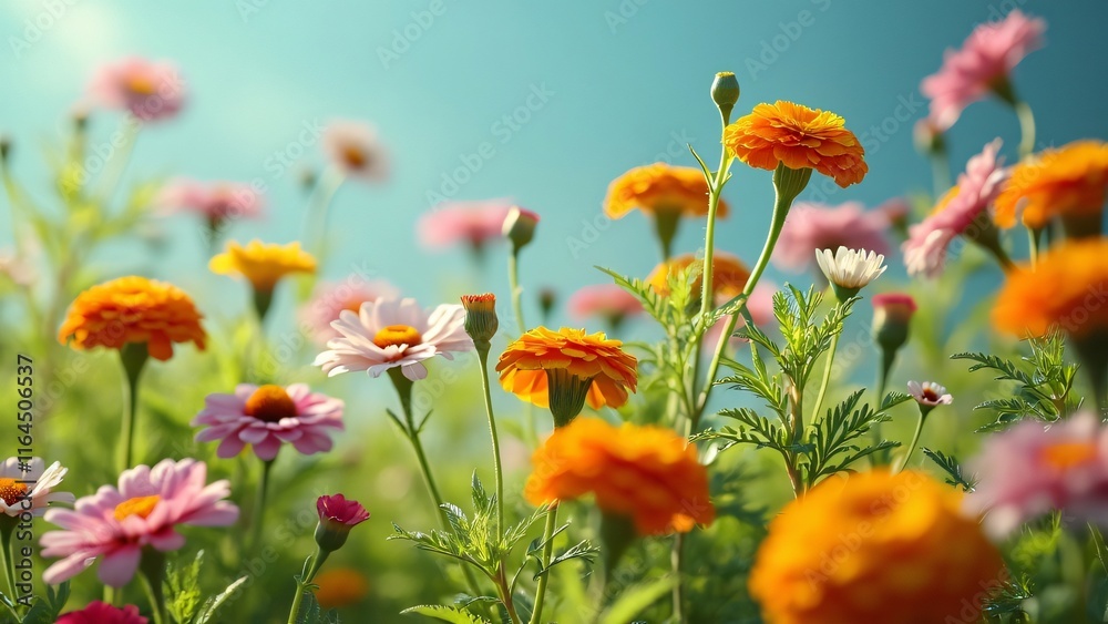 Obraz premium Vibrant Marigold and Zinnia Meadow, Sun-Kissed Flowers Cascading in a Lush Green Field