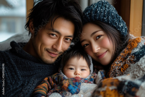 Asian Family In Bed