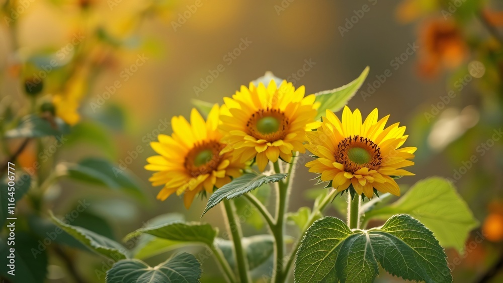 Bright Yellow Sunflowers in Autumn Foliage, Delicate Blooms with Blurred Green Background, Warm Bokeh Effect, Natural Lighting Bright Yellow Sunflowers in Autumn Foliage, Delicate Blooms with Blurred Green Background, Warm Bokeh Effect, Natural Lighting