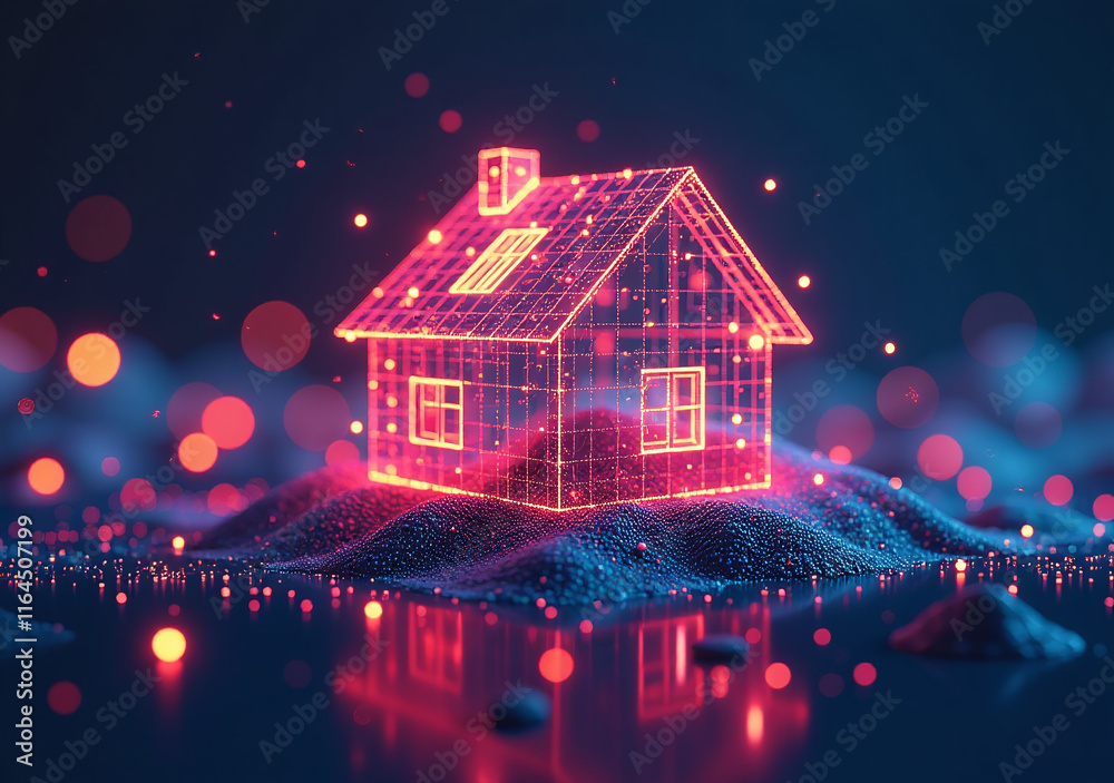 glowing wireframe house sits amidst abstract digital landscape bright colors geometric patterns surrounding glowing wireframe house sits amidst abstract digital landscape bright colors geometric patterns surrounding