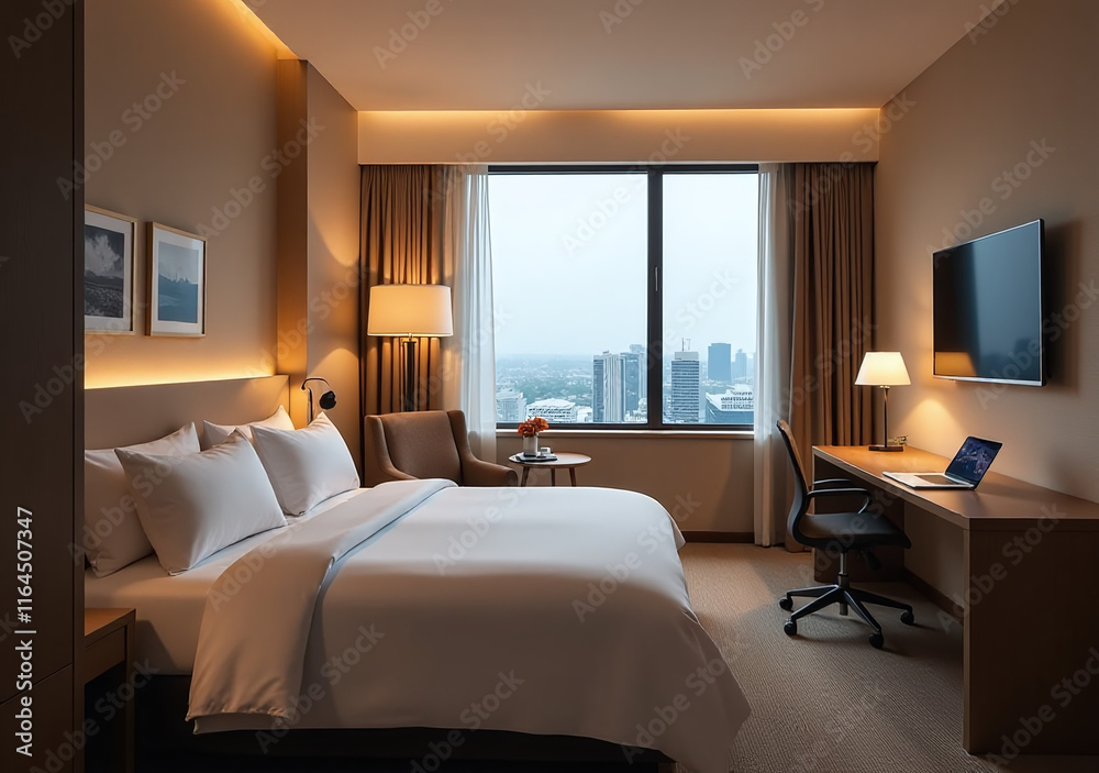 Fototapeta premium guest room features smart lighting ai control temperature foldable workspace comfort