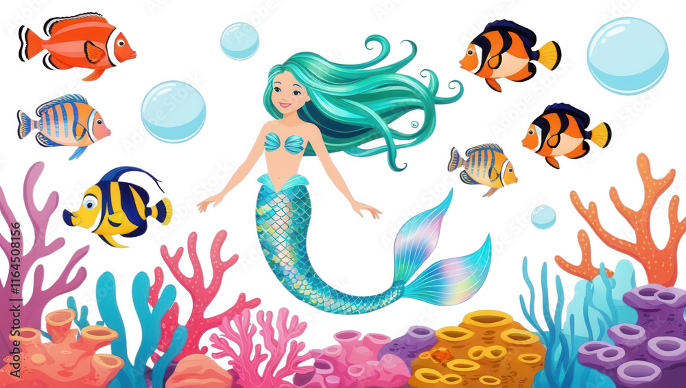 Fototapeta premium Mermaid swimming with colorful fish in coral reef underwater scene vibrant concept