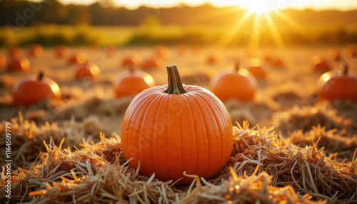 Vibrant pumpkin patch glistening under the warm autumn sun at sunset capturing the essence of harvest season