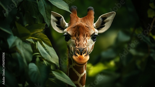 Giraffe is standing in a forest with its head up and looking at the camera. Concept of curiosity and wonder as the giraffe looks directly at the viewer. The lush green foliage photo