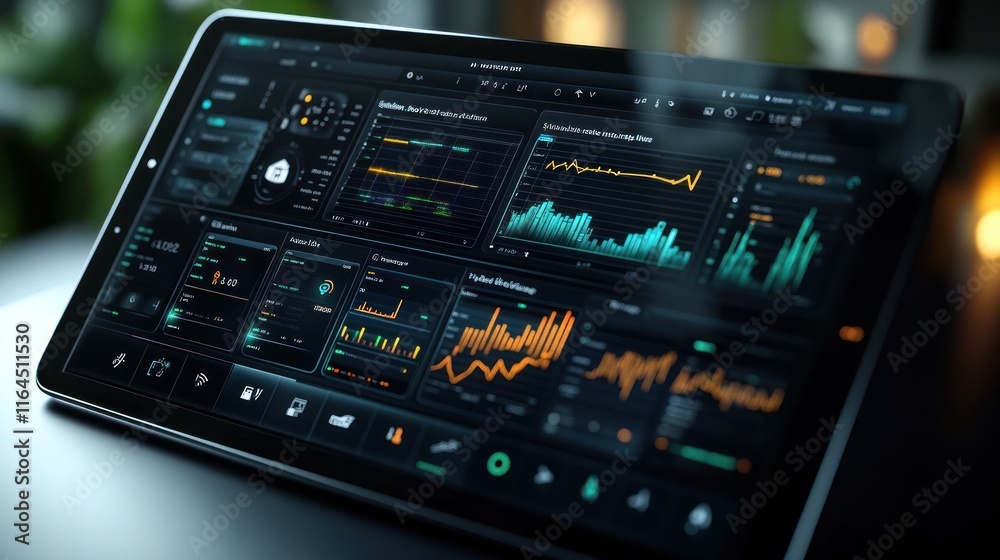 A digital tablet displaying data analytics and graphical interfaces for analysis purposes. A digital tablet displaying data analytics and graphical interfaces for analysis purposes.