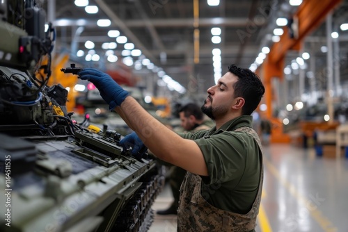 A skilled worker meticulously services a military tank in a busy manufacturing plant, emphasizing precision and dedication in the world of defense technology. photo