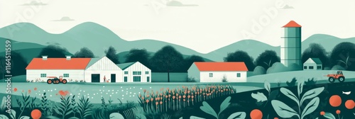 Vibrant Countryside Landscape Picturesque Farmhouses Nestled Amidst Rolling Hills and Lush Greenery