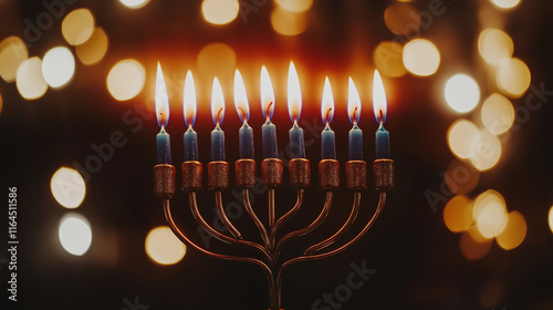 Nine candles burning on a Hanukkiah Menorah for the Jewish holiday of Hanukkah, set against a backdrop of blurred lights photo