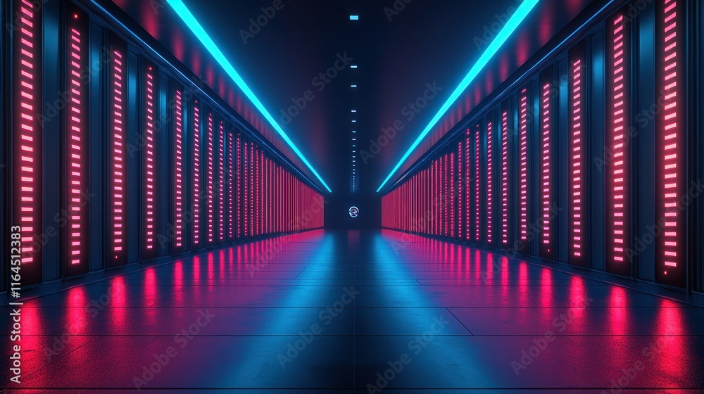 Fototapeta premium Dark server room corridor with neon lights.