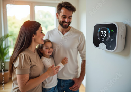 relaxed family uses modern smart thermostat energy efficient home comfort