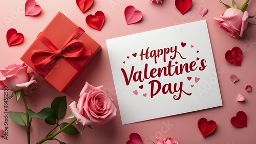 Valentine's Day Greeting Card with Roses and Gift Box on Pink Background