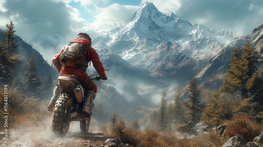 Obraz premium Motorcyclist on dirt road with majestic mountain view.