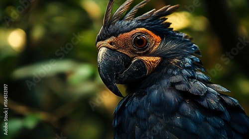 Black and orange parrot is standing in a green forest. The bird has a striking appearance with its bright orange beak and feathers. Concept of natural beauty and harmony photo