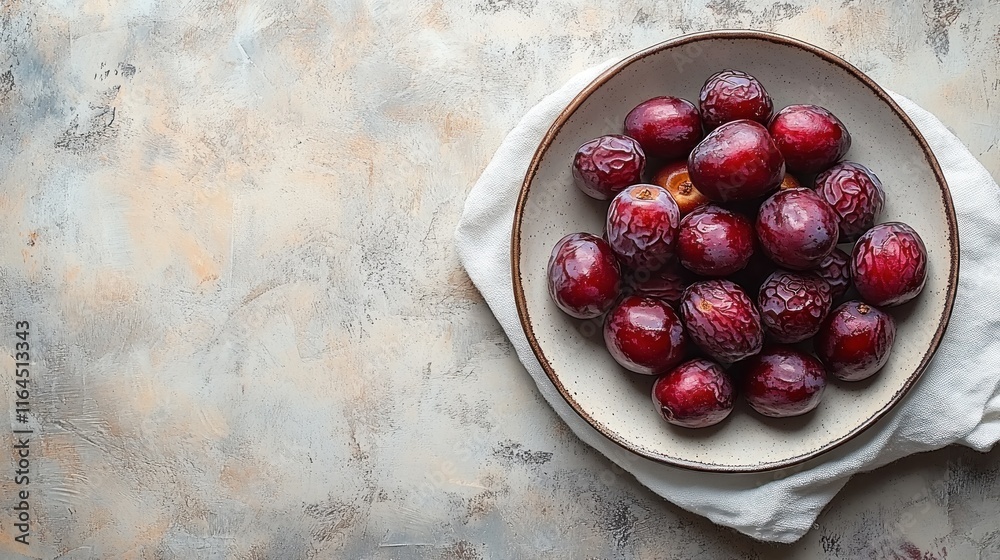Bowl of ripe red plums on a textured surface. Bowl of ripe red plums on a textured surface.