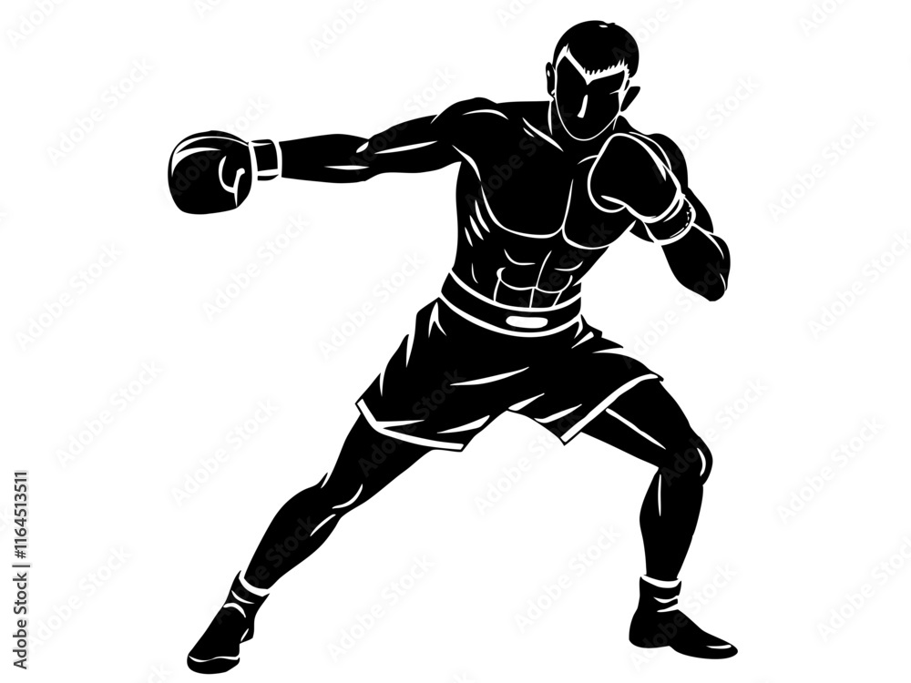 Fototapeta premium boxing player black silhouette vector, Simple silhouette Design vector icon with white background