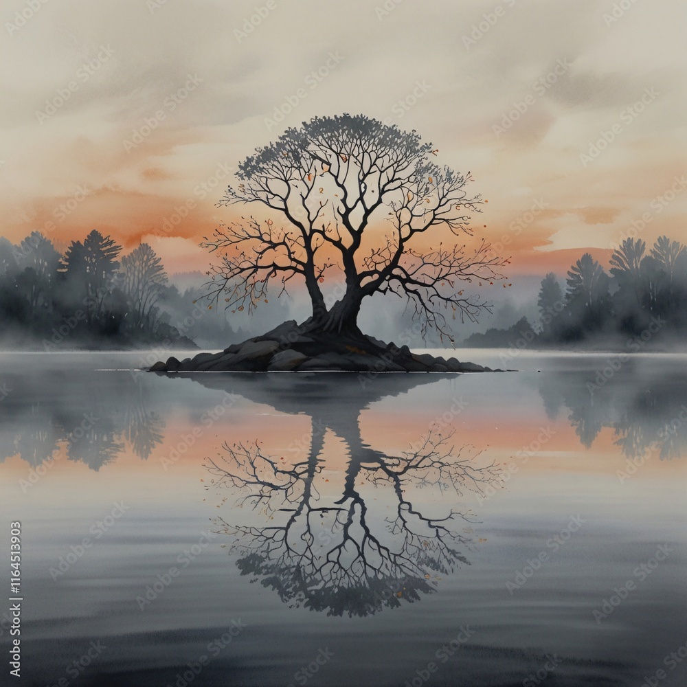 Misty Autumn Landscape with Lone Tree and Reflective Lake V5 Misty Autumn Landscape with Lone Tree and Reflective Lake V5