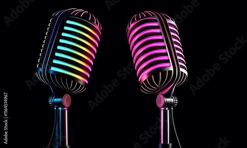 Two retro microphones with neon light accents, facing each other on a black background.