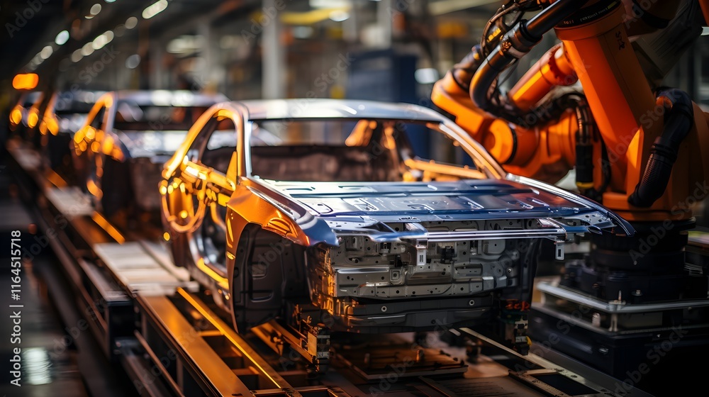 Fototapeta premium Modern Car Manufacturing Facility with Automated Robotic Arms - Generative AI