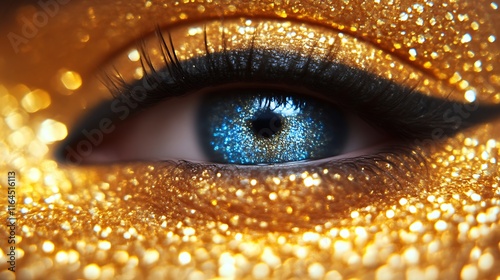 Golden Glitter Eye Makeup Closeup Blue Iris photo