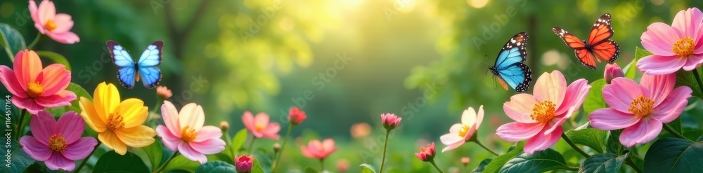 Naklejka premium Colorful blossoms and butterflies in a garden, petals, greenery