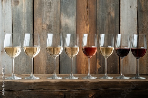 Different types of wine glasses arranged on a wooden table against a rustic b...