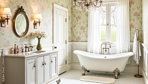 A vintage bathroom with floral wallpaper, a clawfoot tub, and antique accents, evoking a romantic, nostalgic feel. A charming design that mixes timeless elegance with soft floral elements. photo