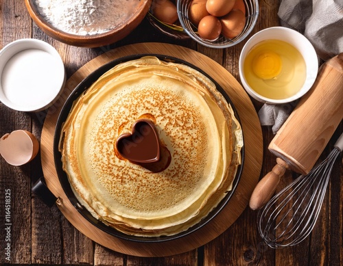 Assiette de crêpes avec un cœur au chocolat pour la chandeleur en février photo