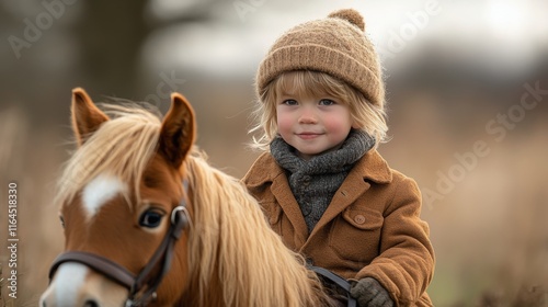 Young child enjoys riding a horse in a rural setting on an overcast day