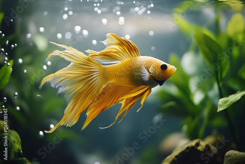 Colorful betta fish swimming gracefully in a planted aquarium with bubbles an...