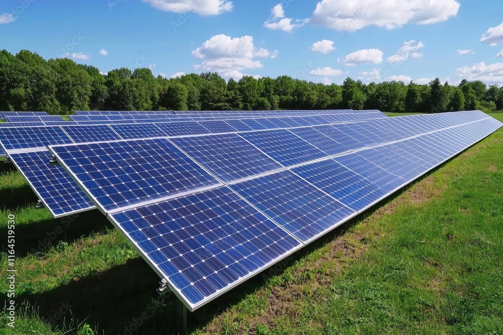 Solar Panel Array on Green Field Under Bright Blue Sky Solar Panel Array on Green Field Under Bright Blue Sky