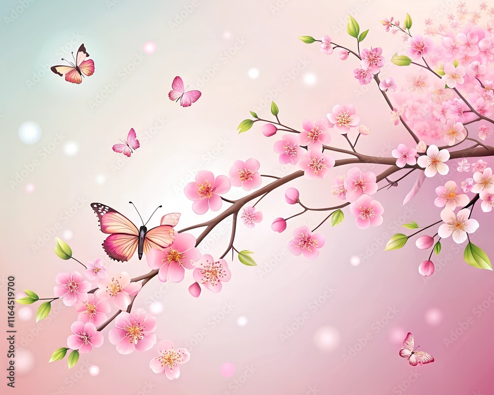 Fototapeta premium Beautiful pink cherry blossom branch. Flat space for text. Cherry petals and buds are falling.
