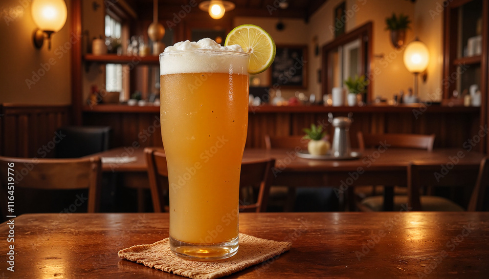 Refreshing beer with lemon slice on wooden table in cozy bar Refreshing beer with lemon slice on wooden table in cozy bar